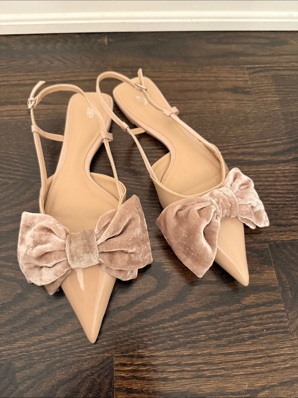 Zara Beige Pointed Slingback Flats with Velvet Bow